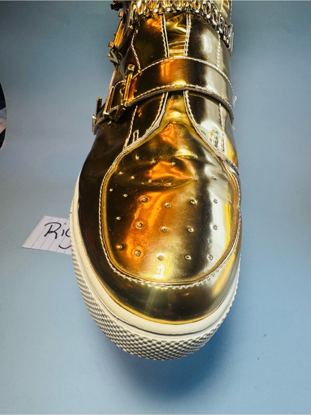 Versace Metallic Gold High-Top Sneakers with Medusa Plaques - Picture 15 of 16